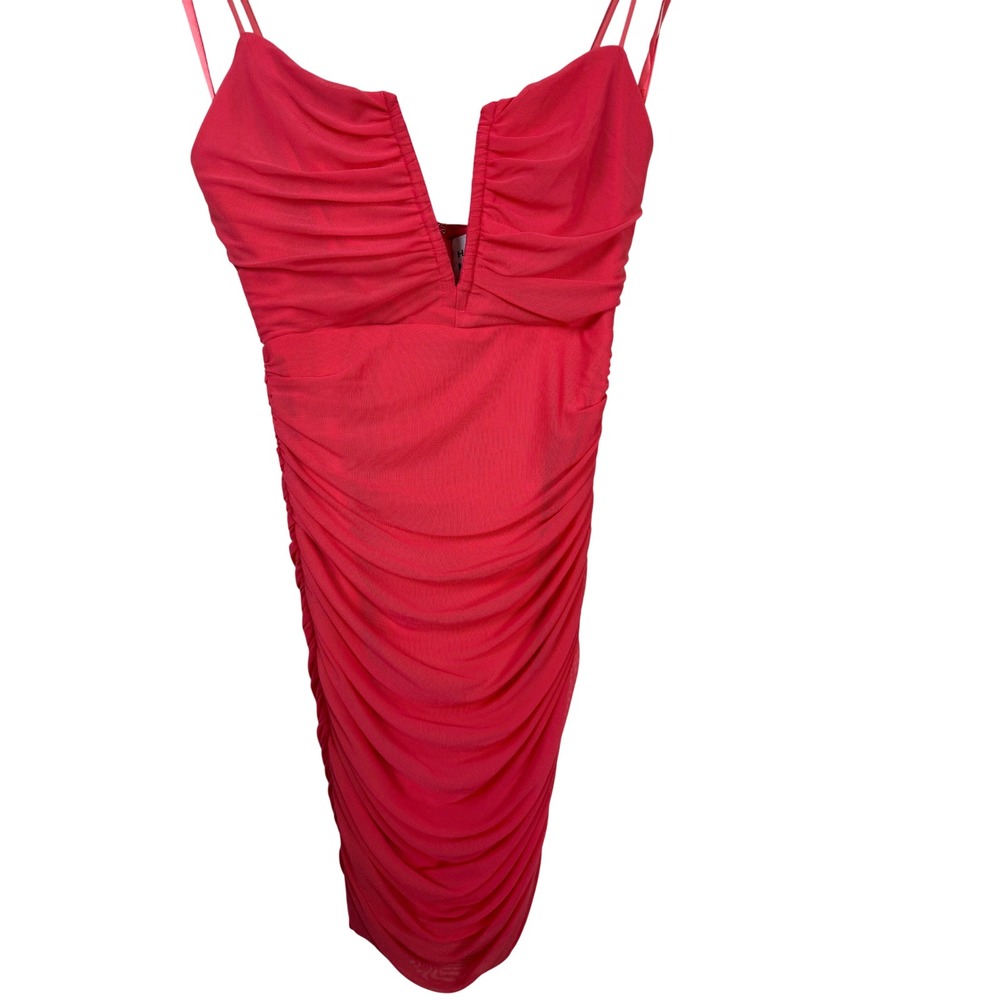Hello Molly Coral Pink Ruched Mesh V Neck Bodycon Mini Dress Womens US 4 - Picture 4 of 6